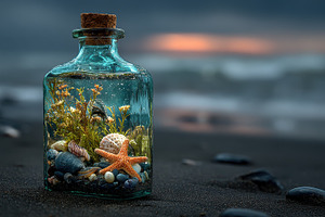 Ocean treasures in a glass bottle on, a Photo by Pixeness Studio