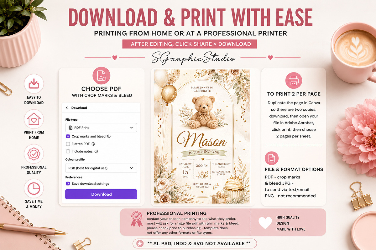 Teddy Bear First Birthday Invitation, an Invitation Template by S Graphic Studio (Photo 9 of 10)
