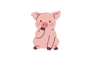 Pink piglet sitting with hand on, an Animal Illustration by GraphiShop