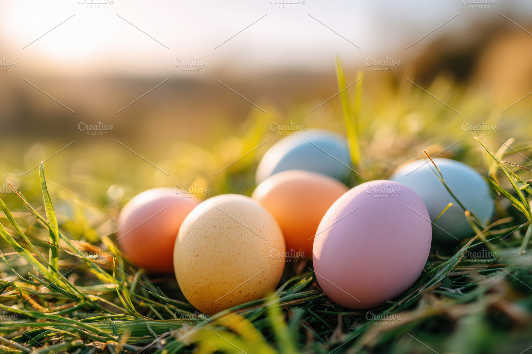 Colorful easter eggs on grass at sunset, a Food & Drink Photo by AlyaAnd