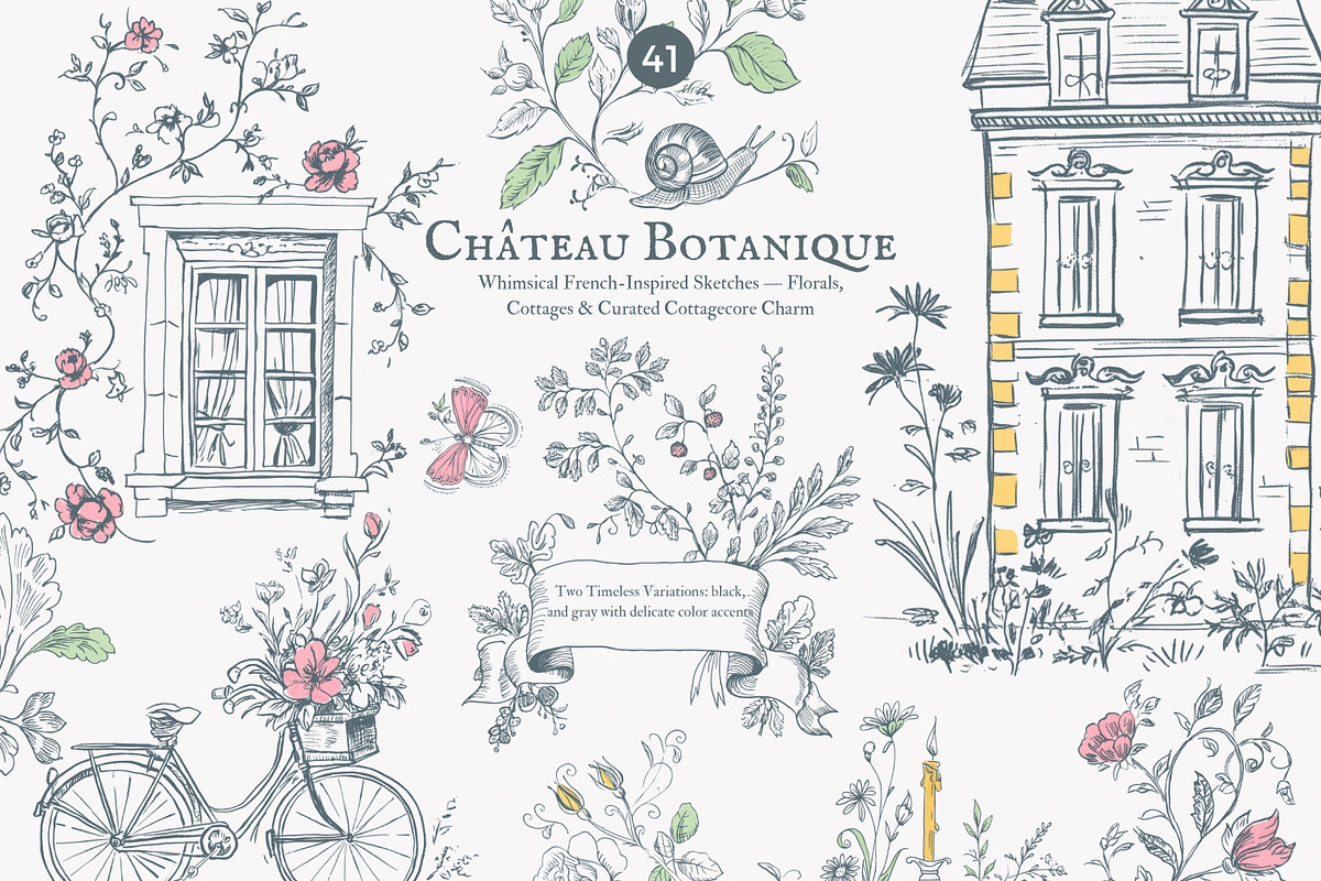 chateau clipart vintage doodles set, a Decorative Illustration by Patishop Art (Photo 1 of 9)