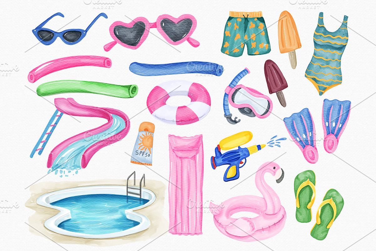 Watercolor Summer Pool Party Set, an Illustration by MiracleArtAndDesign (Photo 2 of 3)