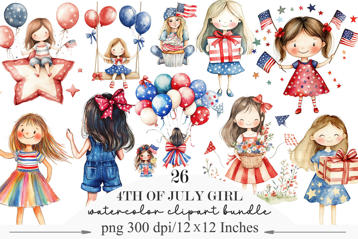 Watercolor 4th of July Girl Clipart, an Illustration by Designking (Photo 1 of 5)
