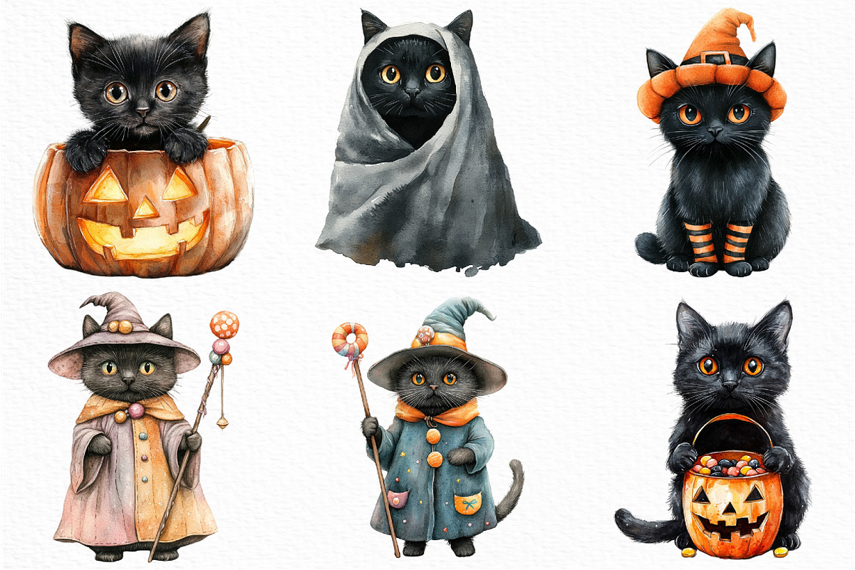 Watercolor Cute Halloween Cat, an Illustration by Craft Nest (Photo 4 of 6)