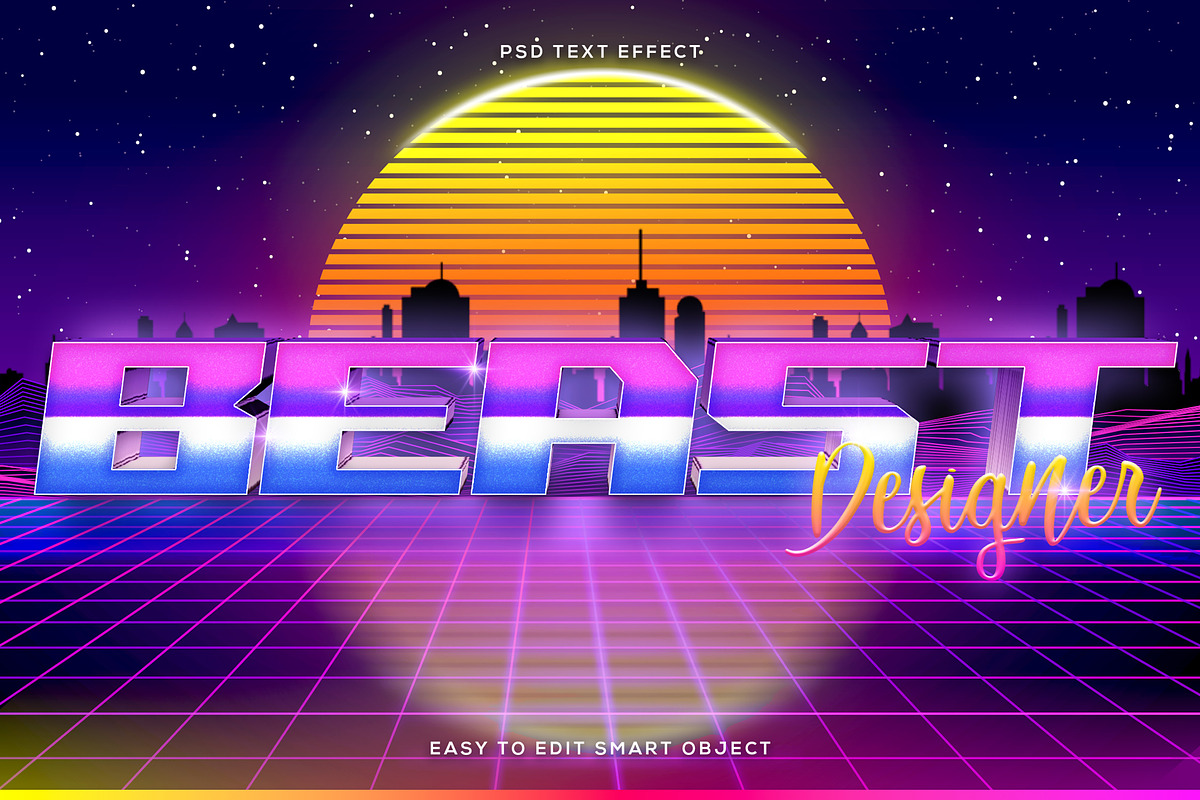 80s Retrowave Synthwave Text Effect, a Layer Style Add-On by Beast Designer (Photo 1 of 2)
