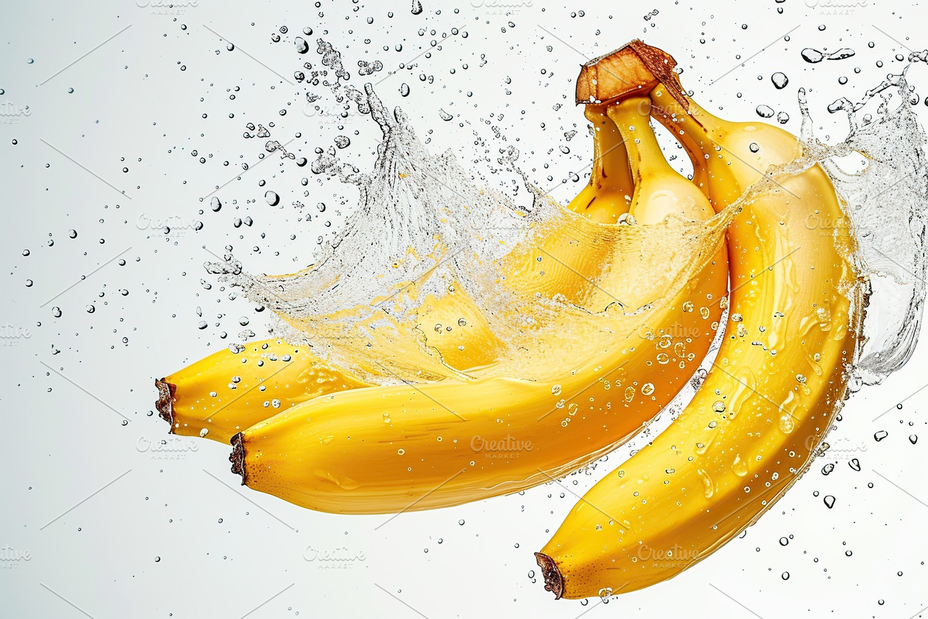 Fresh ripe banana falling in water with splashes on white background, a Food & Drink Photo by AlyaAnd
