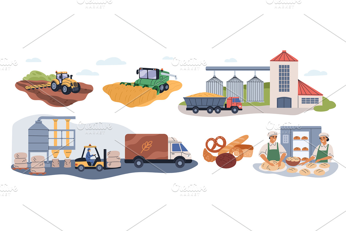 Bread production process. Flour, an Illustration by YummyBuum