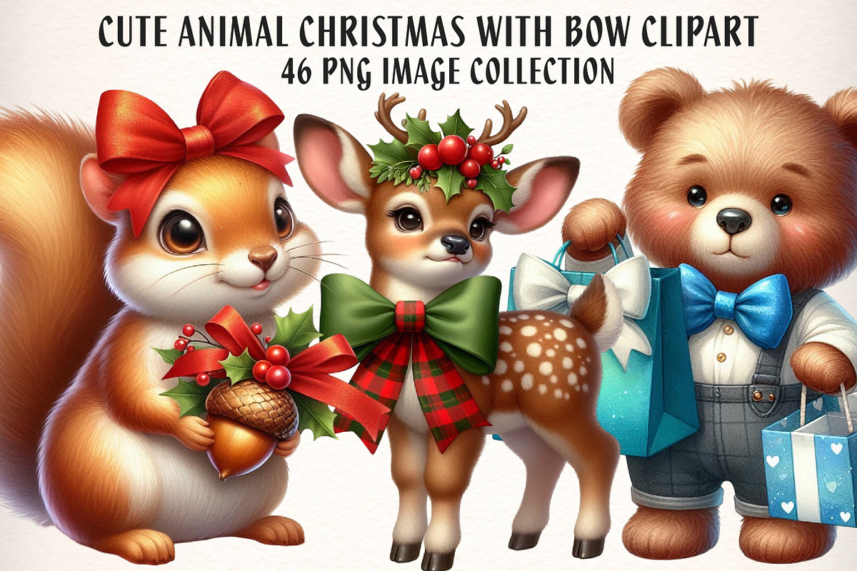 Cute Animal Christmas Clipart Bundle, an Illustration by Dream Creation (Photo 1 of 7)