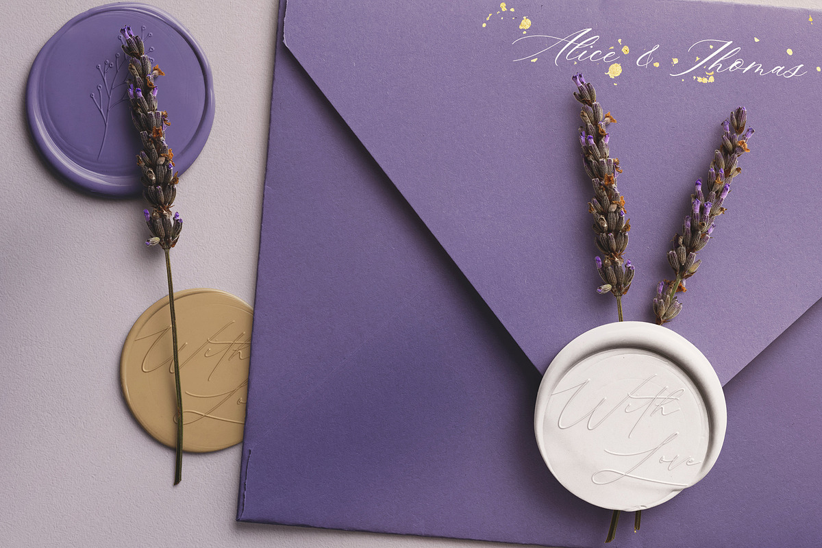 Envelope with Wax Seals and Lavender, a Product Mockup by Custom Scene (Photo 3 of 11)