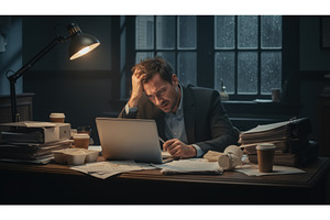 Stressed office worker under desk, an Architecture Photo by Igor Tichonow