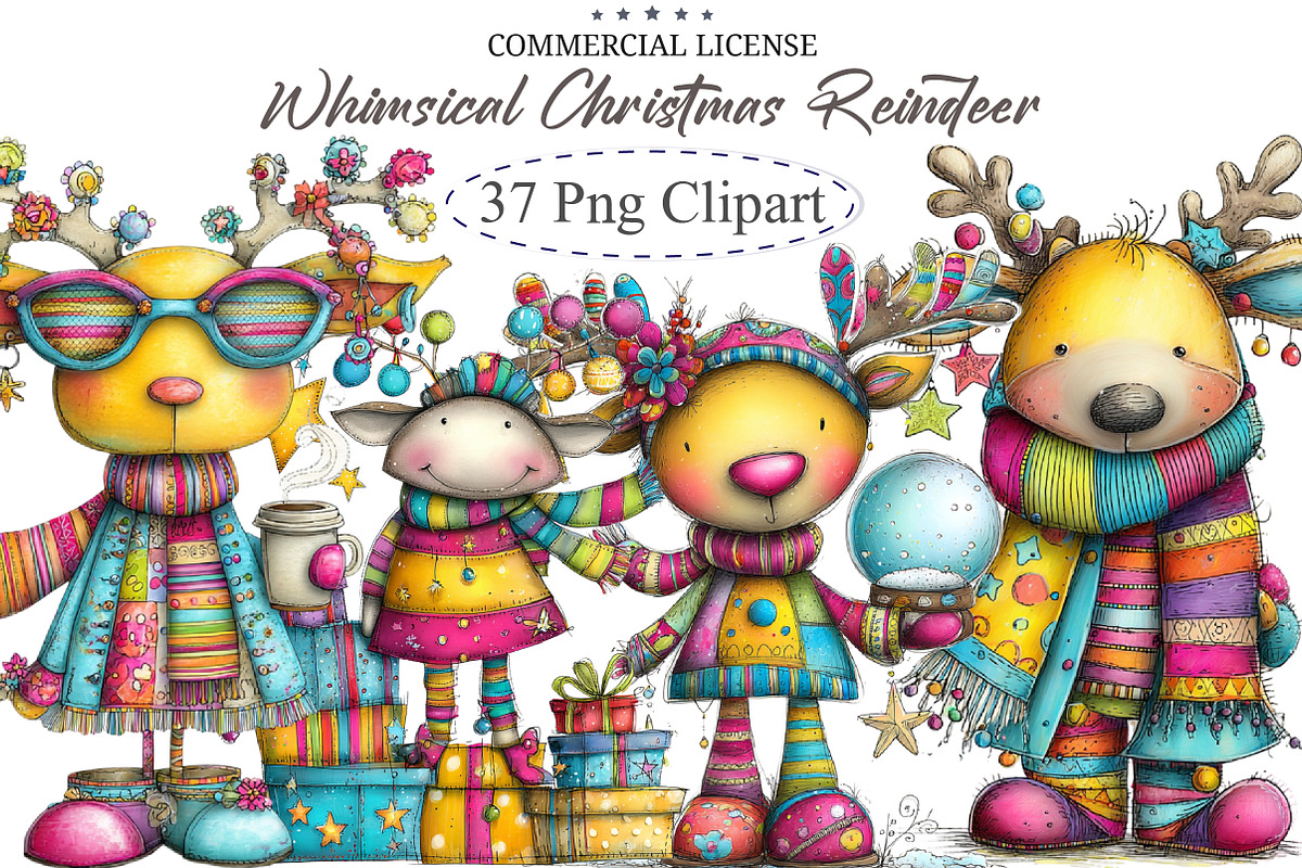 Whimsical Christmas Reindeer Clipart, an Illustration by designcity5 (Photo 1 of 5)
