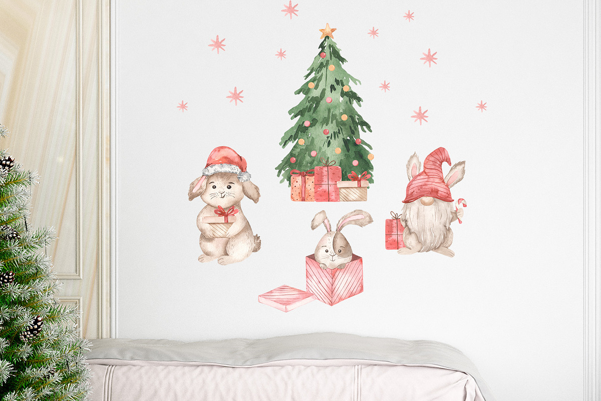 Christmas bunnies watercolor, an Animal Illustration by Marina Ermakova (Photo 10 of 13)