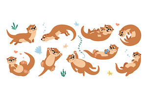 Otters characters. Funny cartoon
