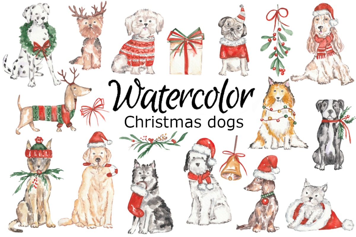 Christmas dogs watercolor clipart, a Background Graphic by GoodFairyClipArt (Photo 1 of 3)