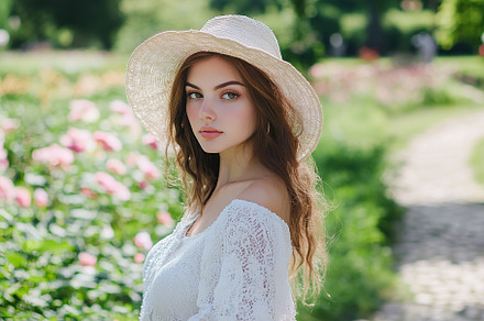 Woman in light summer outfit stands in a flower garden on a sunny day, a Person Photo by AlyaAnd