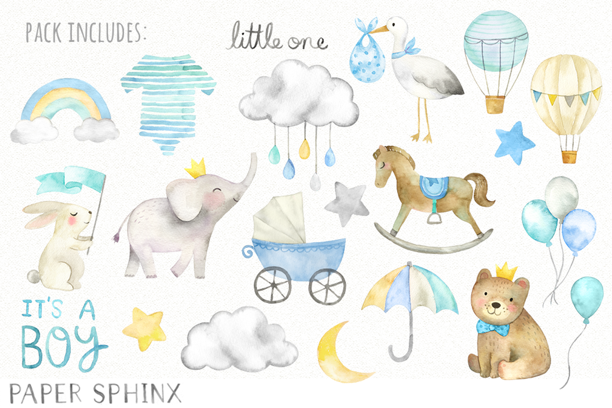 Watercolor Boy Baby Shower Pack, an Illustration by PaperSphinx (Photo 2 of 2)