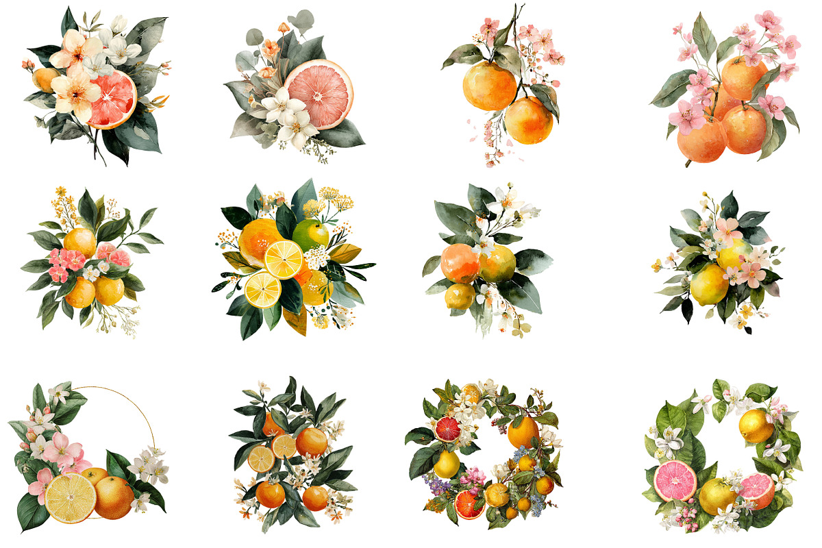 Watercolor Flower And Orange Clipart, an Illustration by DreamCafeArt (Photo 4 of 7)