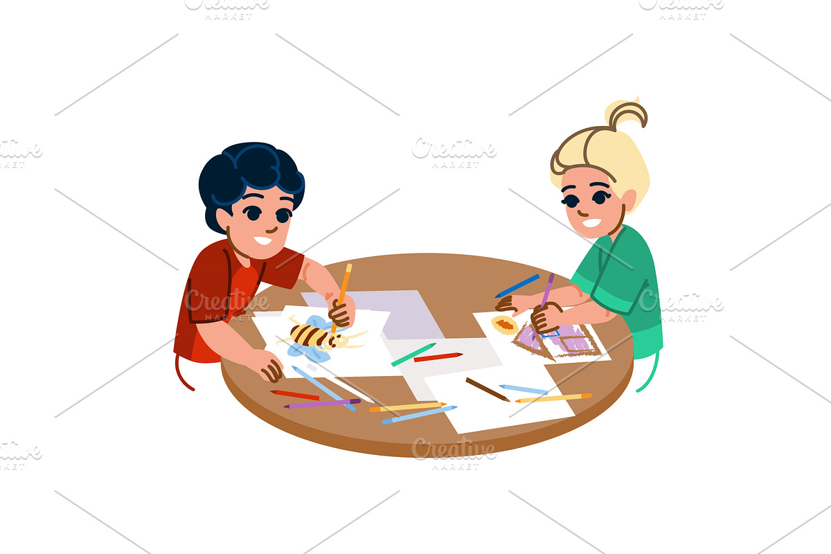 Kids drawing with colored pencils at, an Education Illustration by pikepicture