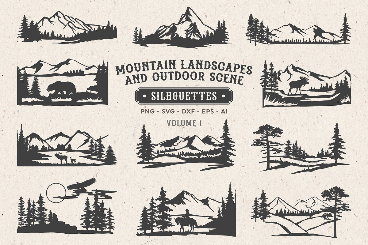Mountain Scenes Silhouettes Vector 1, an Object Illustration by Seaquint (Photo 1 of 5)