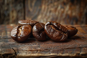 Coffee beans on wooden table, a Food & Drink Photo by AlyaAnd