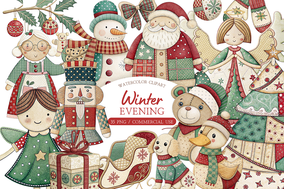 Winter Evening Watercolor Clipart, an Illustration by MockupWizard (Photo 1 of 5)