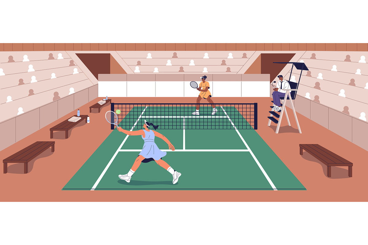 Sportswomen play big tennis on court, a Sport Illustration by PaperTrident (Photo 2 of 2)