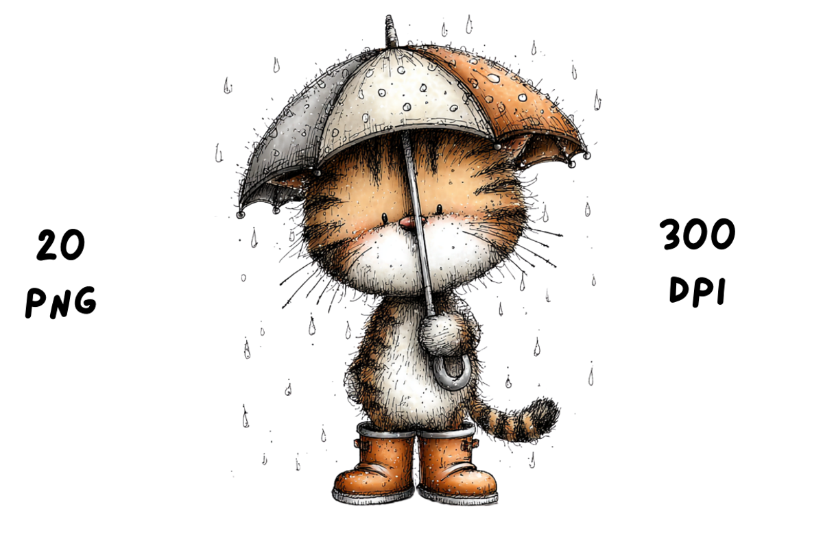 Whimsical Funny Rainy Cat Clipart, an Animal Illustration by GiraffeCreative (Photo 12 of 20)