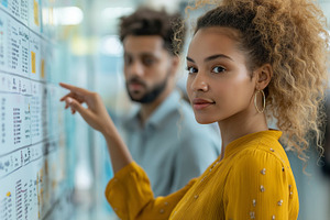 Young Black woman in a yellow blouse examines information on a board, while a m, a Person Photo by ImageMir