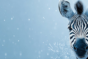 Close-up of a zebra against a snowy, blue-toned background, capt, a Photo by Ales Munt