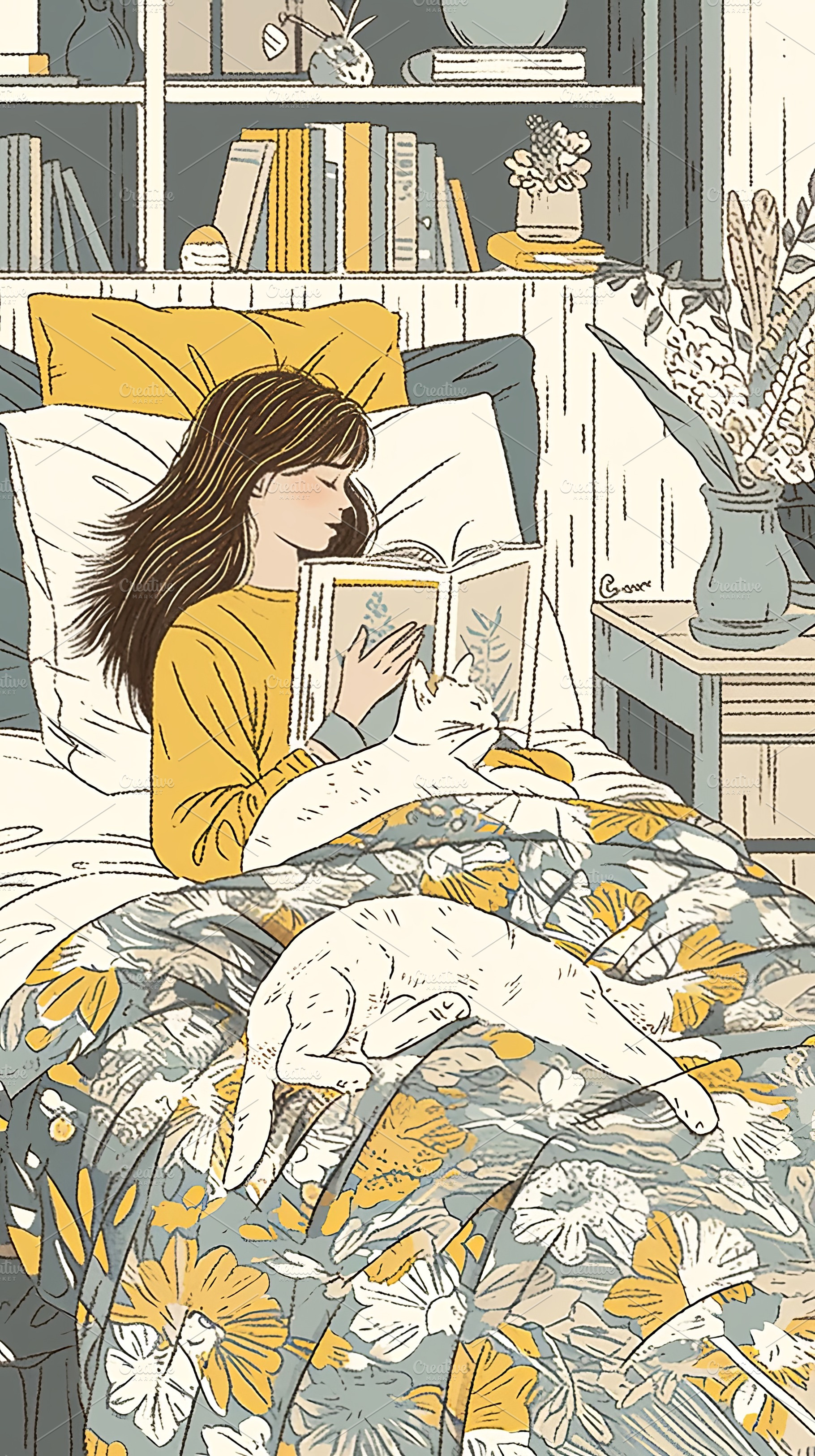 Young woman reading book in cozy bed with cat and floral bedding, a Photo by AS photostudio