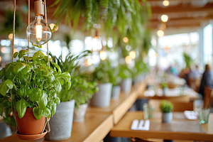 Cozy dining area with hanging plants and soft lighting in a restaurant, a Nature Photo by AlyaAnd
