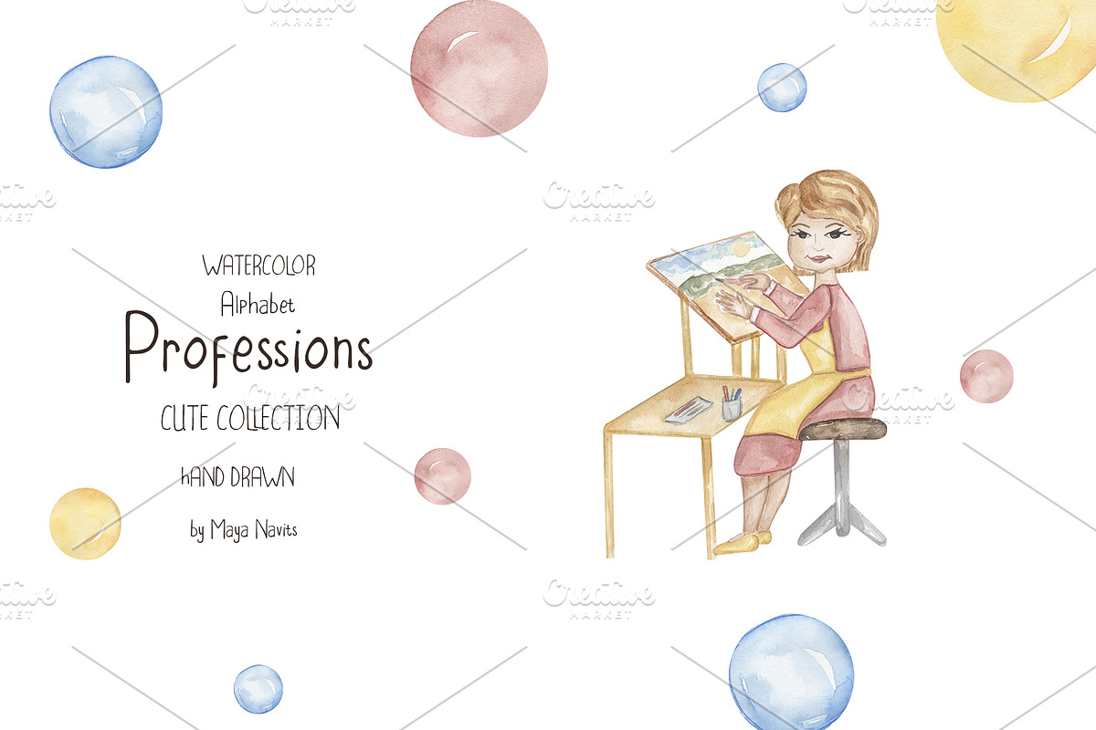 Watercolor Cute Alphabet Professions, an Education Illustration by MayaNavits (Photo 12 of 12)