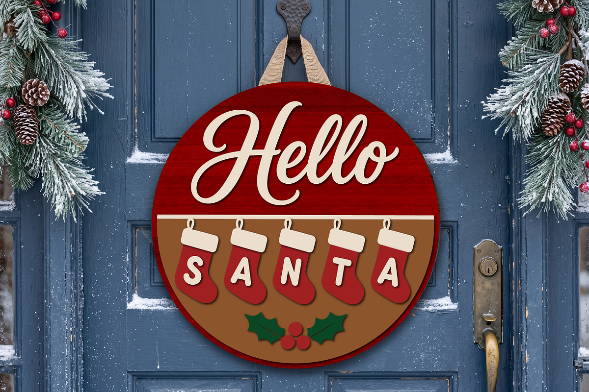 Hello Santa Door Hanger SVG, Round, an Object Graphic by Libby Wishes (Photo 2 of 3)