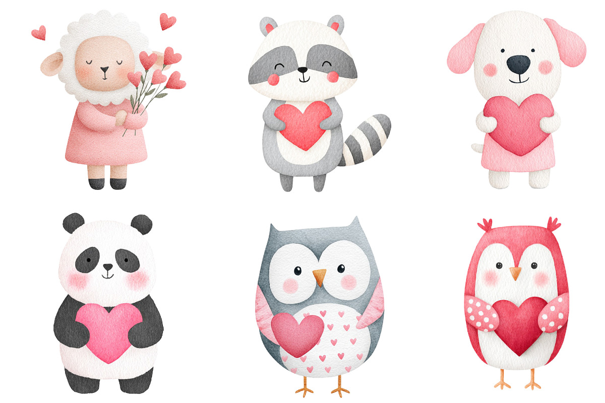 Watercolor Valentine Animals Clipart, an Illustration by Dream Creation (Photo 4 of 7)