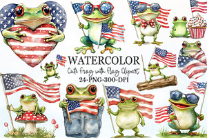 Cute Frog with Flag American Clipart, a Seasonal Illustration by Rose Art