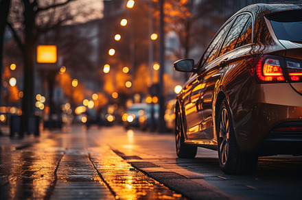 Car on the city street in the evening road., a Photo by AS photostudio