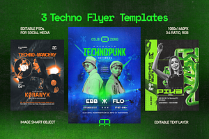 3 Club Flyers - Techno Party, a Flyer Template by Rave Aspect