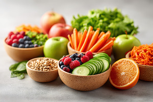 Fresh fruits and vegetables with berries and carrots, a Food & Drink Photo by AlyaAnd
