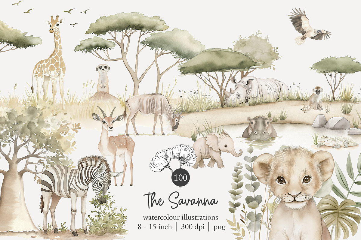 100 African savanna animals clip art, an Animal Illustration by Poppy Lane Studio (Photo 1 of 12)