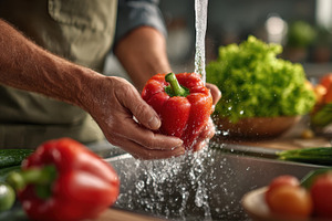 Man washing red bell pepper in kitch, a Photo by Pixeness Studio