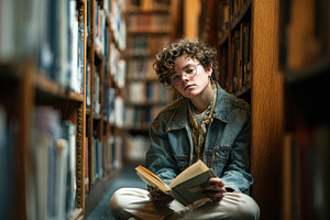 Young person reading book library sh, a Photo by Pixeness Studio