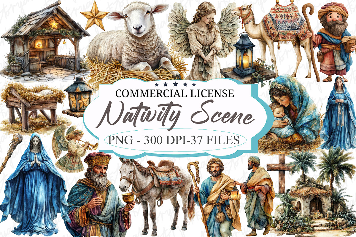Watercolor Nativity Scene Clipart, an Illustration by designcity5 (Photo 1 of 5)