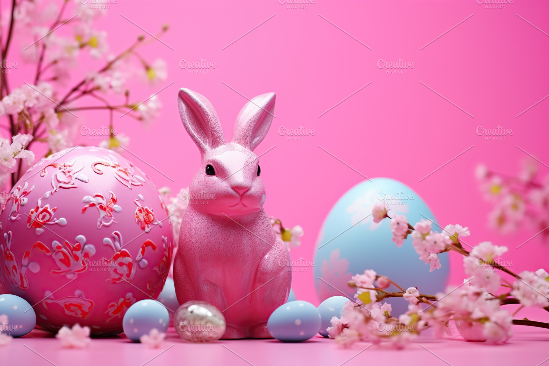 Easter eggs with flowers on pink background, a Holiday Photo by AlyaAnd
