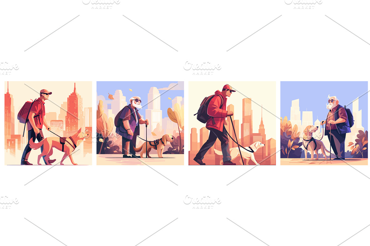 dogs leads disabled people. blind, an Illustration by Stock-Smart-Start
