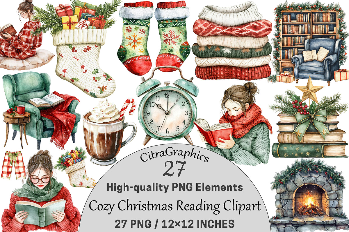 Cozy Christmas Reading Clipart, a Seasonal Illustration by CitraGraphics (Photo 1 of 6)