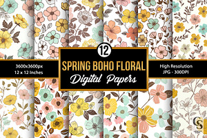 Spring Boho Flowers Digital Papers