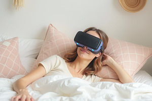 Relaxed woman in bed using virtual r, a Technology Photo by Perpis