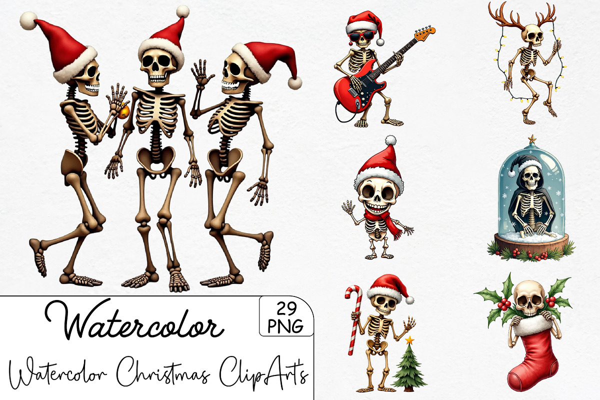 Watercolor Christmas Skeleton ClipAr, an Illustration by CrexoraLab (Photo 1 of 5)