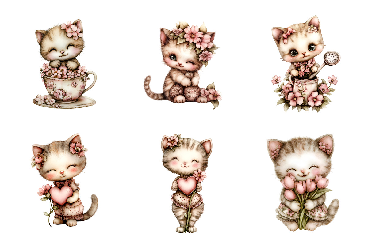 Whimsical Spring Cats Clipart, an Illustration by SinaCreation (Photo 2 of 11)