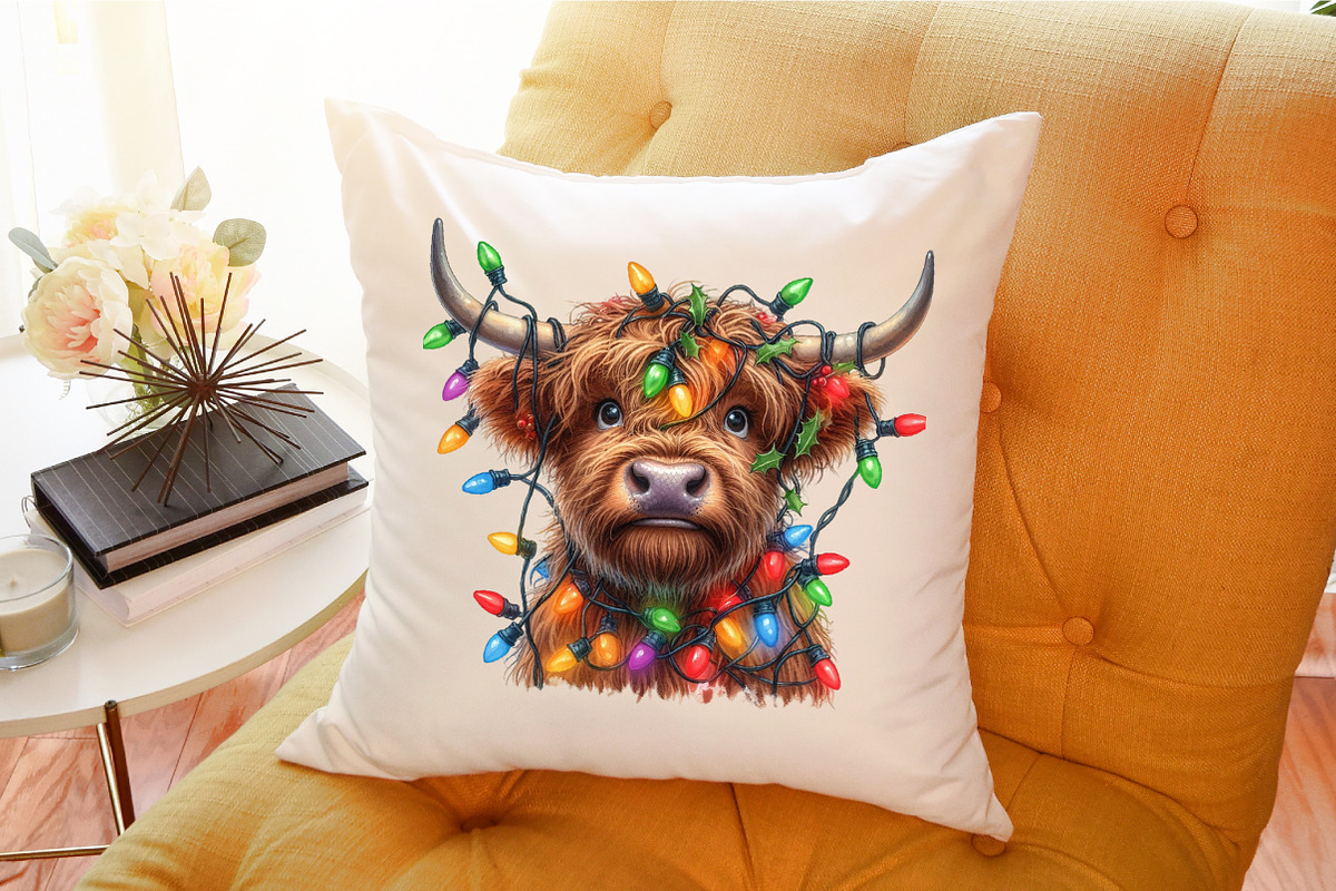 Christmas Lights Highland Cow PNG, an Illustration by Sublimation Artist (Photo 9 of 9)